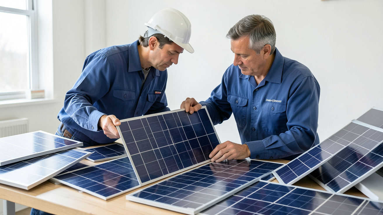 hydro quebec panneau solaire montrant un technicien comparant différents types de panneaux et cellules photovoltaïques