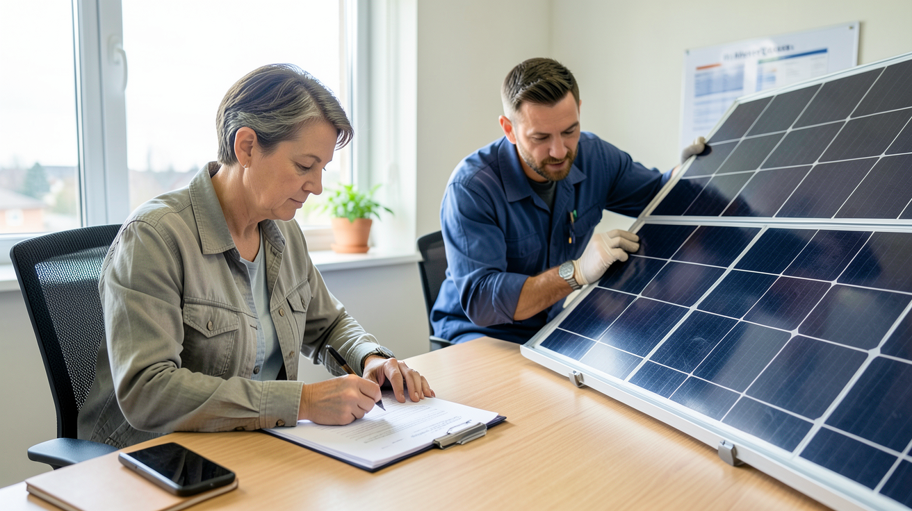 hydro quebec panneau solaire processus de demande de subvention et de raccordement, personne remplissant un formulaire et technicien à côté d'un panneau solaire
