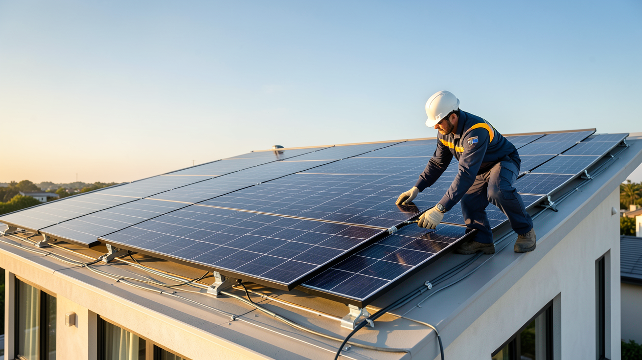 hyundai panneau solaire installation sur toit de maison contemporaine avec technicien en combinaison professionnelle