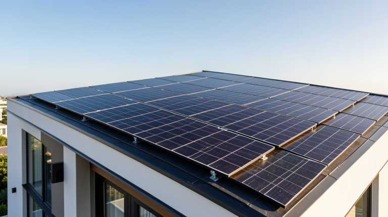 hyundai photovoltaique installé sur le toit d'une maison contemporaine avec des panneaux solaires noirs