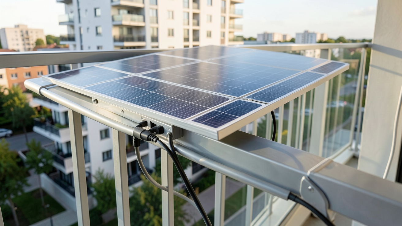 ikea panneau photovoltaique kit plug-in installé sur un balcon moderne en aluminium