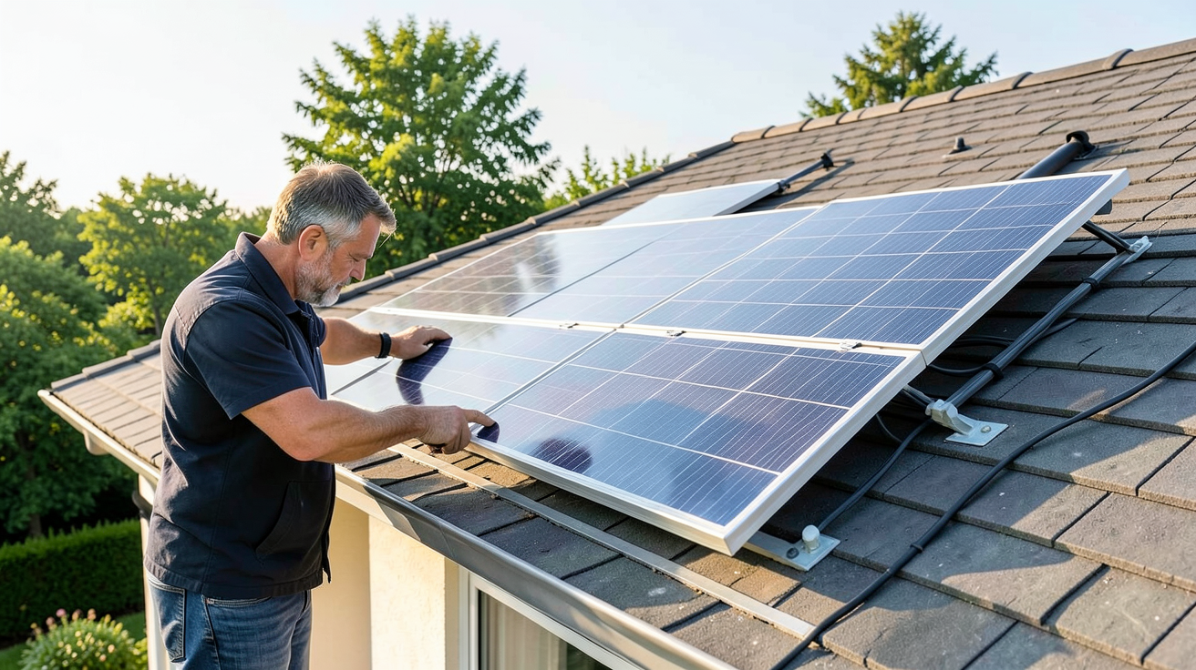 ikea panneau solaire installation client inspectant un panneau solaire Ikea sur un toit de maison