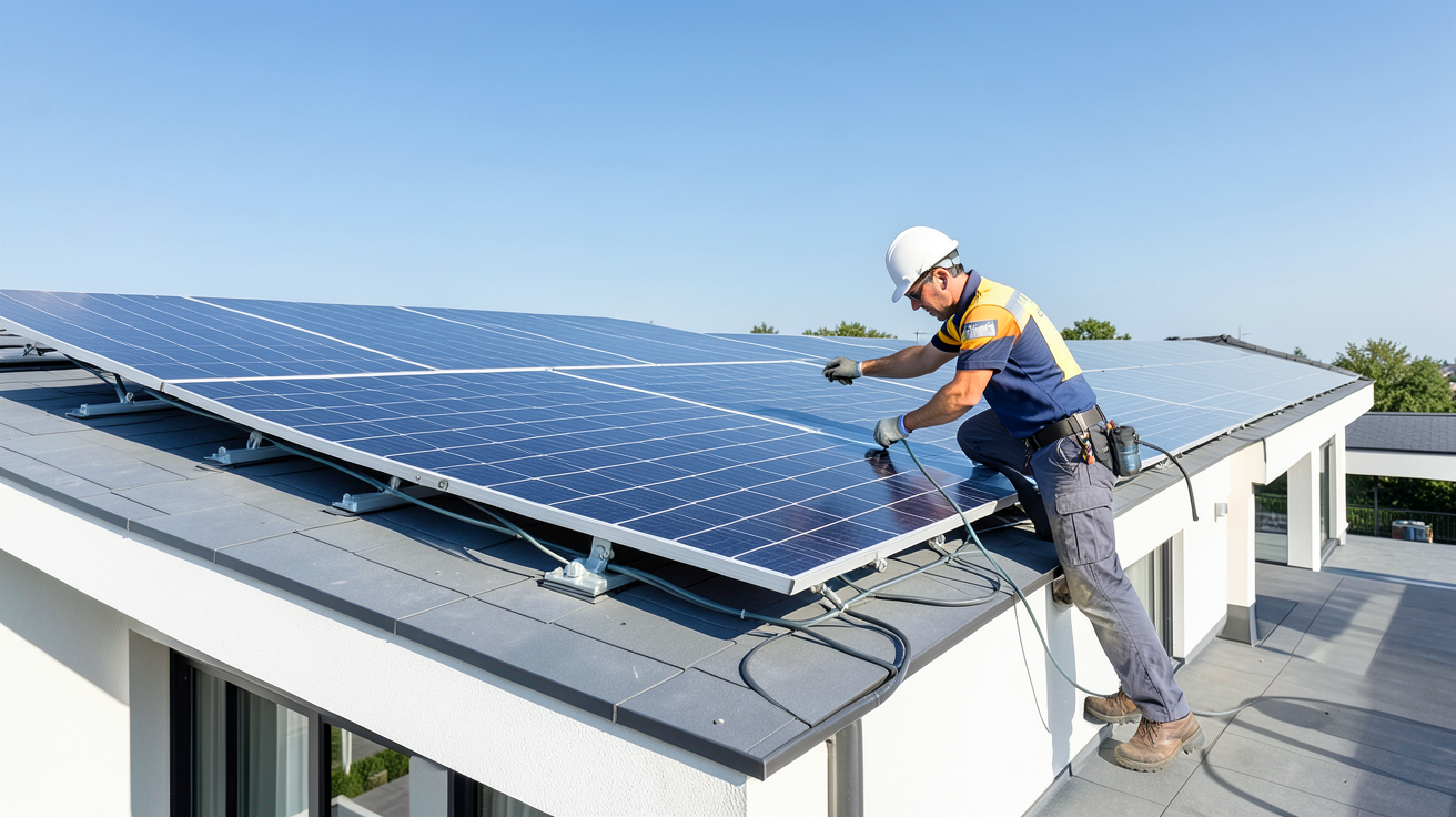 ikea panneau solaire installation sur le toit d'une maison contemporaine avec un technicien en train de fixer les panneaux