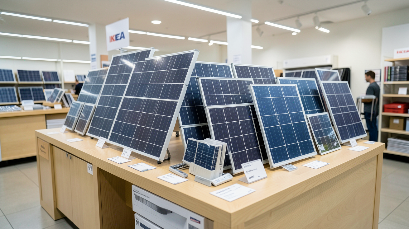 ikea panneau solaire différents kits solaires présentés en magasin avec des panneaux photovoltaïques et accessoires