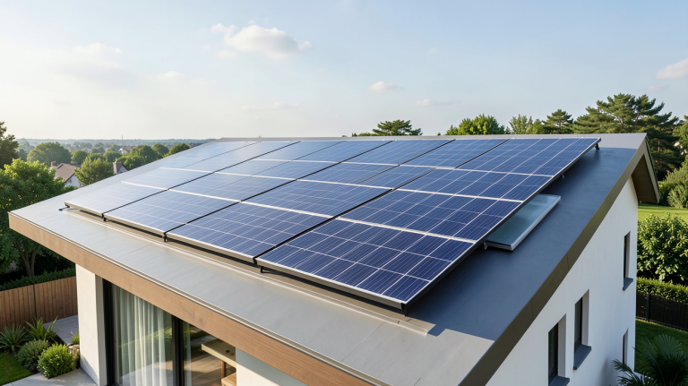 ikea panneau solaire installé sur le toit d'une maison moderne, capturé en haute résolution avec une lumière naturelle éclatante