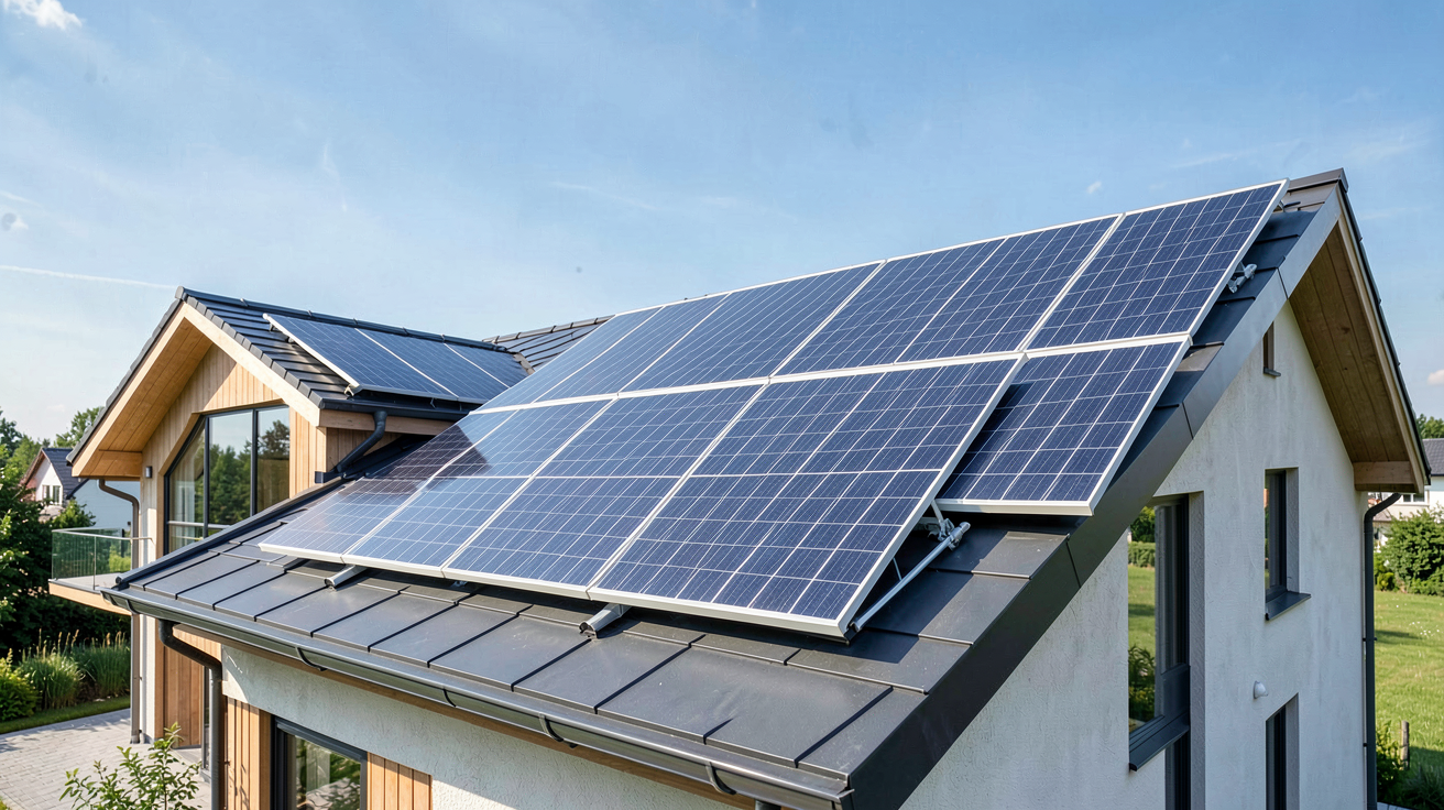 ikea solaire avec un kit de panneaux photovoltaïques installés sur le toit d'une maison contemporaine en France.