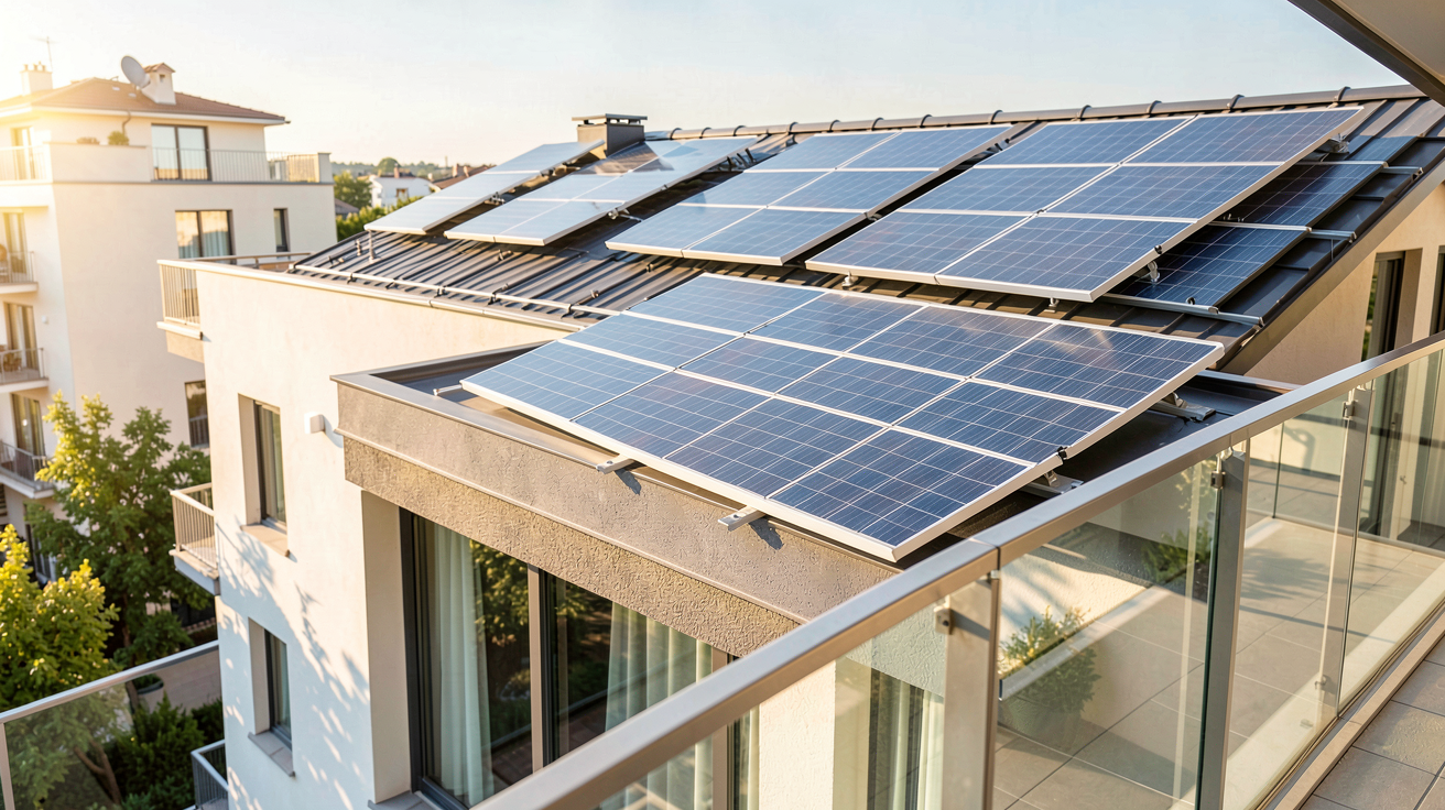 ikea solaire montrant le choix entre une installation photovoltaïque sur toiture et un kit solaire compact posé sur la rambarde d'un balcon.
