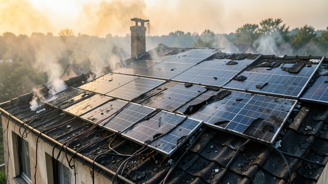 inconvénient panneaux photovoltaïques : toit endommagé par un incendie avec des panneaux solaires carbonisés