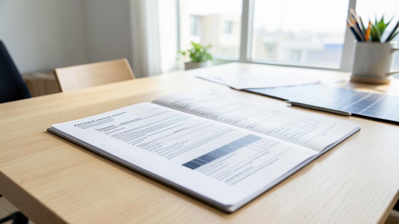 info gouv panneau solaire : dossier administratif ouvert sur une table avec formulaires et documents pour installation de panneaux solaires