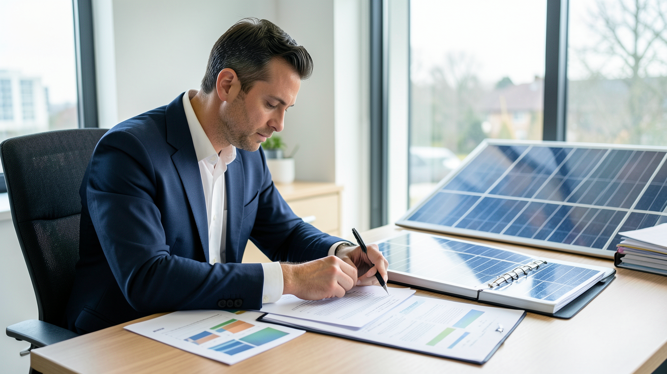 installateur agréé panneaux photovoltaïques analysant un devis détaillé pour l'installation de panneaux solaires