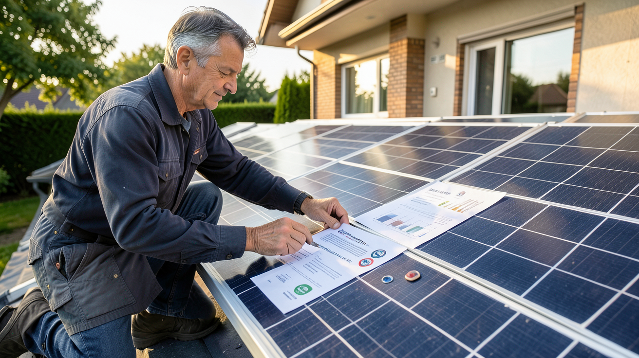 installateur agréé panneaux photovoltaïques vérifiant les certifications obligatoires sur un toit de maison