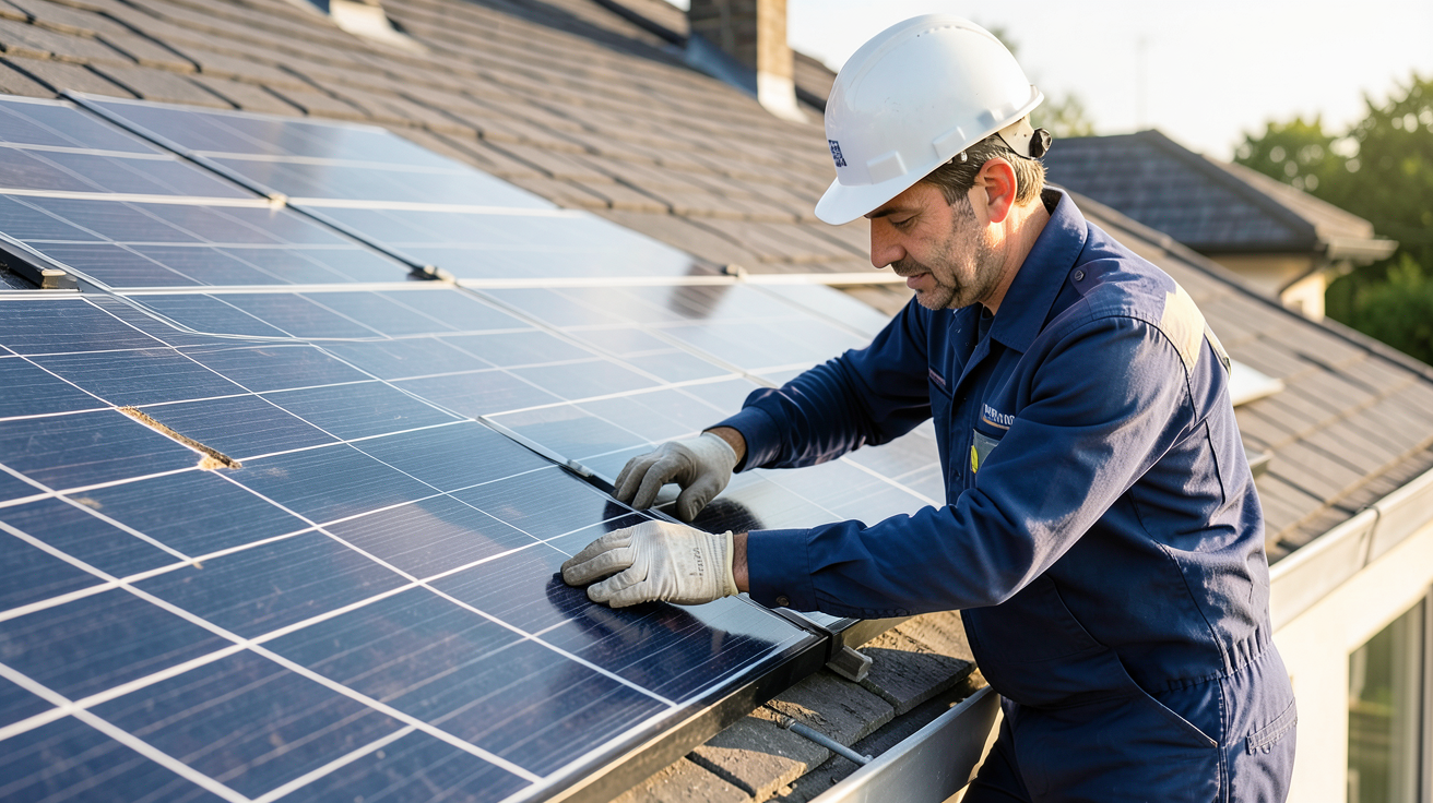 installateur agréé panneaux photovoltaïques vérifiant la qualité d'installation sur un toit