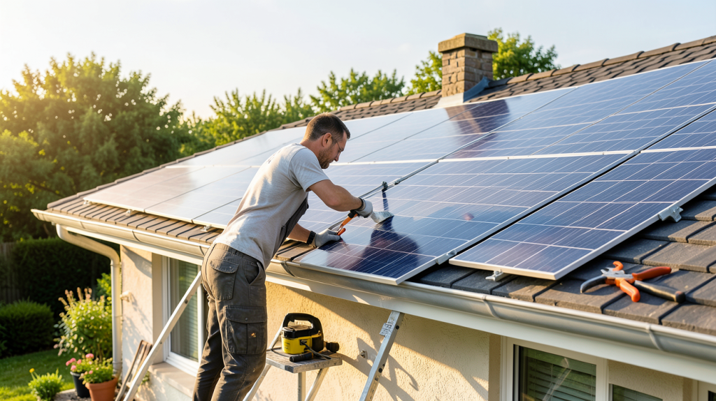 installateur agréé panneaux photovoltaïques en train de poser des panneaux solaires sur le toit d'une maison