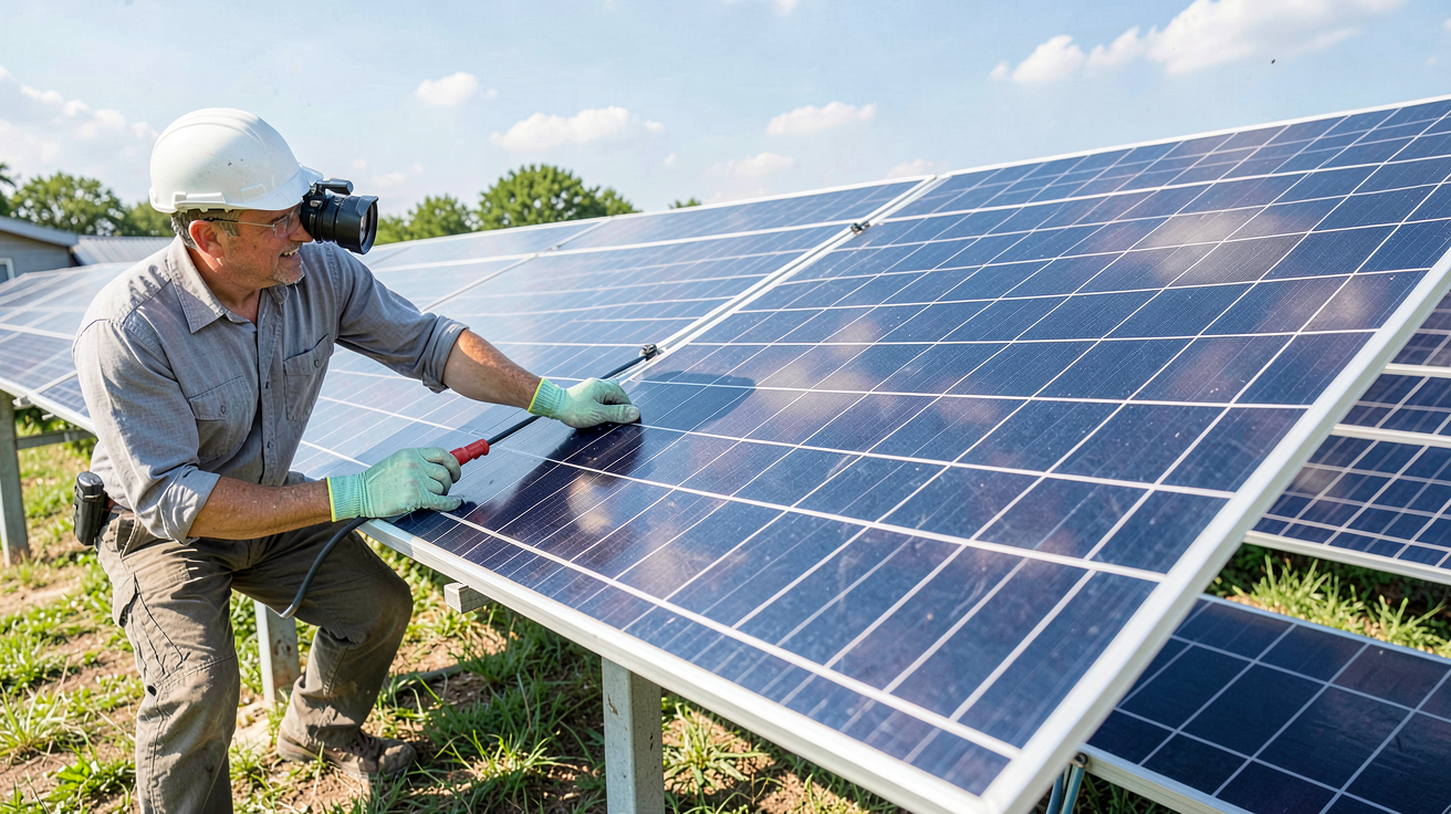 installateur de panneaux photovoltaïques photographié en situation réelle, illustration de l'article