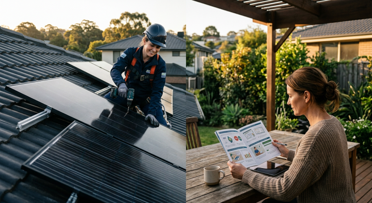 installateur de panneaux photovoltaïques photographié en situation réelle, illustration de l'article