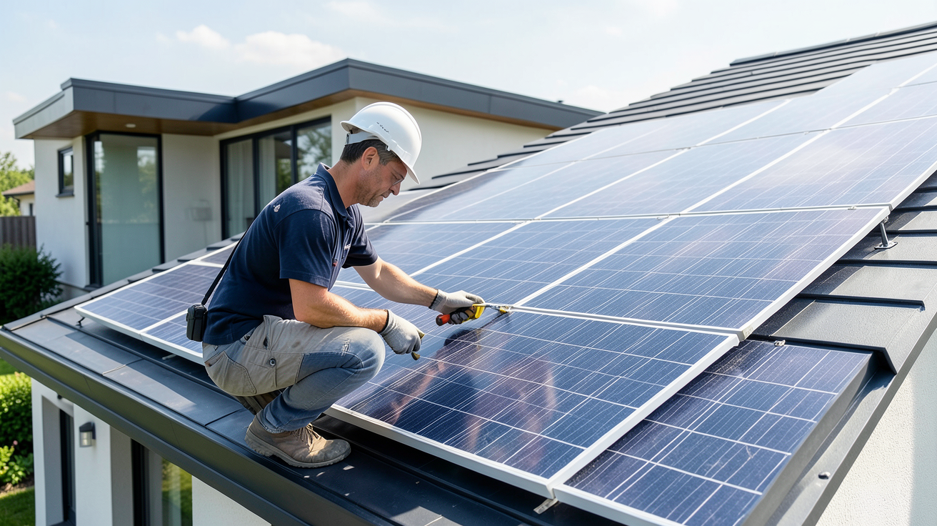 installateur de panneaux solaires photovoltaïques vérifiant l’orientation optimale des panneaux sur un toit ensoleillé