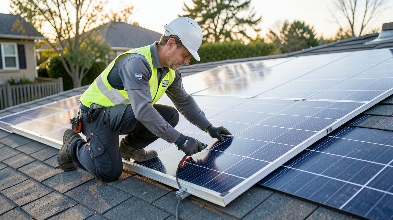 installateur Dualsun certifié vérifiant l'installation d'un panneau solaire sur un toit