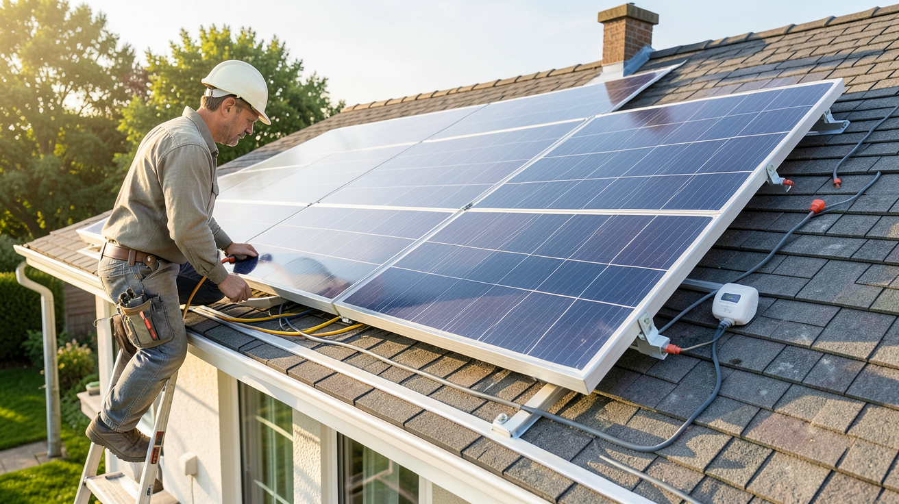 installateur Dualsun en train d'installer des panneaux solaires sur un toit résidentiel