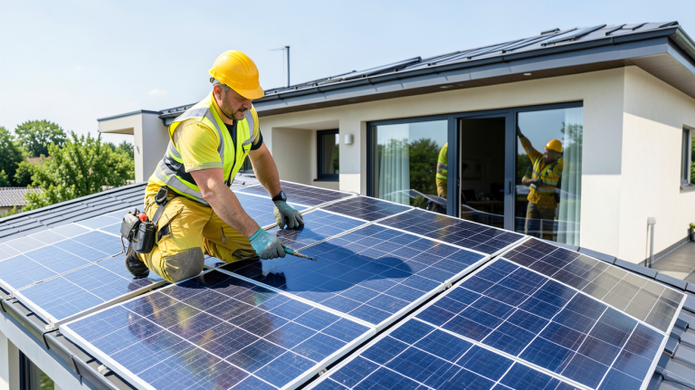 installateur dualsun travaillant sur l'installation de panneaux solaires sur un toit
