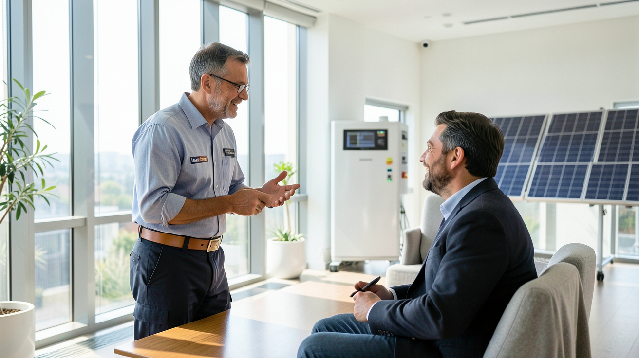 installateur Dualsun discutant avec un client satisfait dans un salon moderne lors d'un témoignage Prime Énergie Rénovation