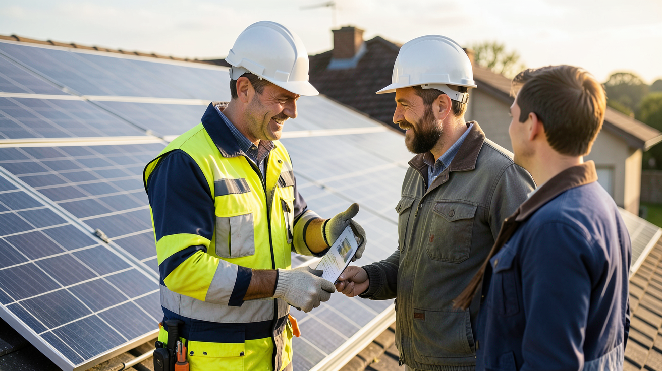 installateur panneau photovoltaique Loire-Atlantique expliquant les aides financières 2024 à un client devant des panneaux solaires