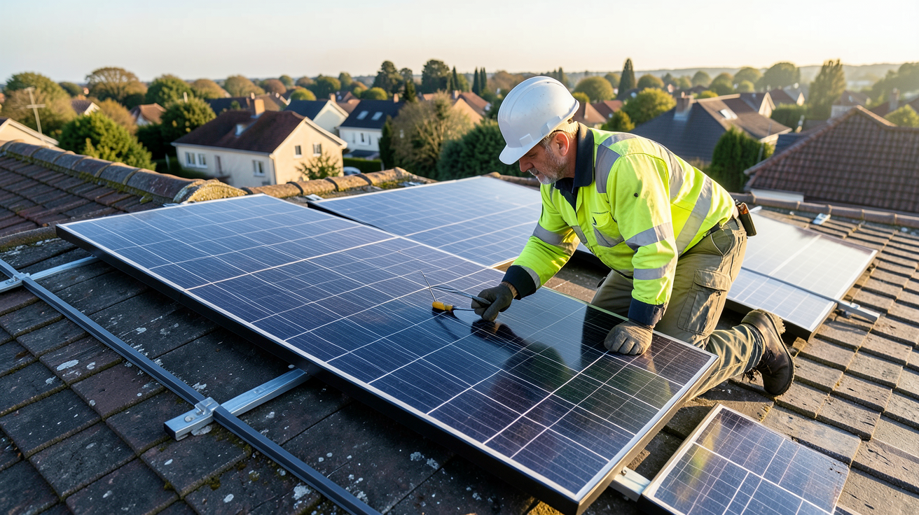 installateur panneau photovoltaique loire atlantique vérifiant une installation sur un toit résidentiel