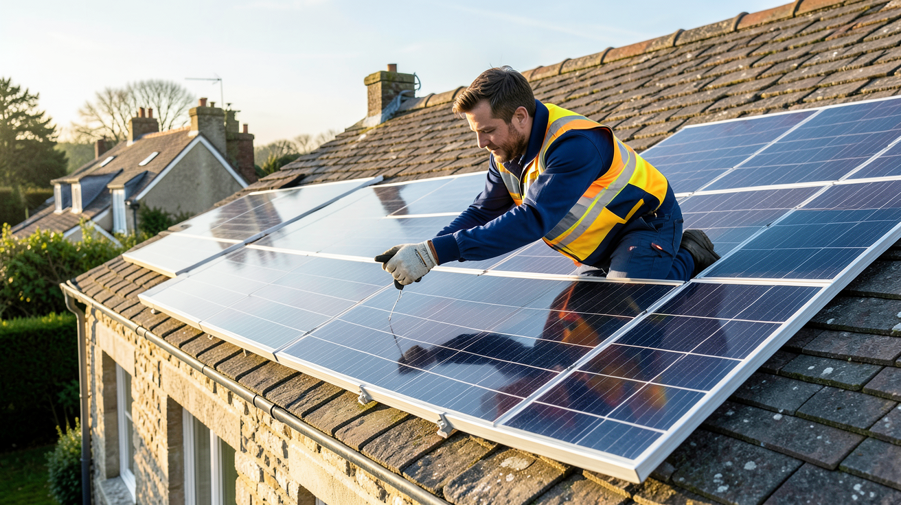 installateur panneau photovoltaïque Loire-Atlantique vérifiant l'installation sur un toit de maison moderne