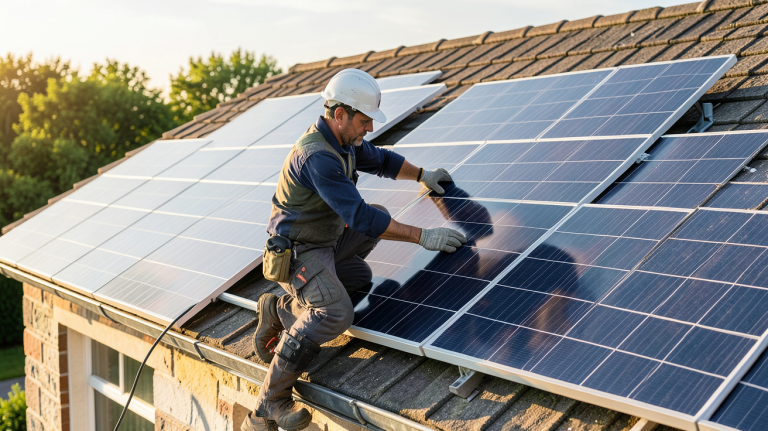 installateur panneau photovoltaïque en Loire-Atlantique posant des panneaux solaires sur un toit de maison