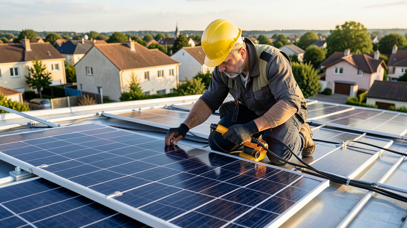installateur panneau solaire gironde vérifiant les plans d'installation sur un toit résidentiel