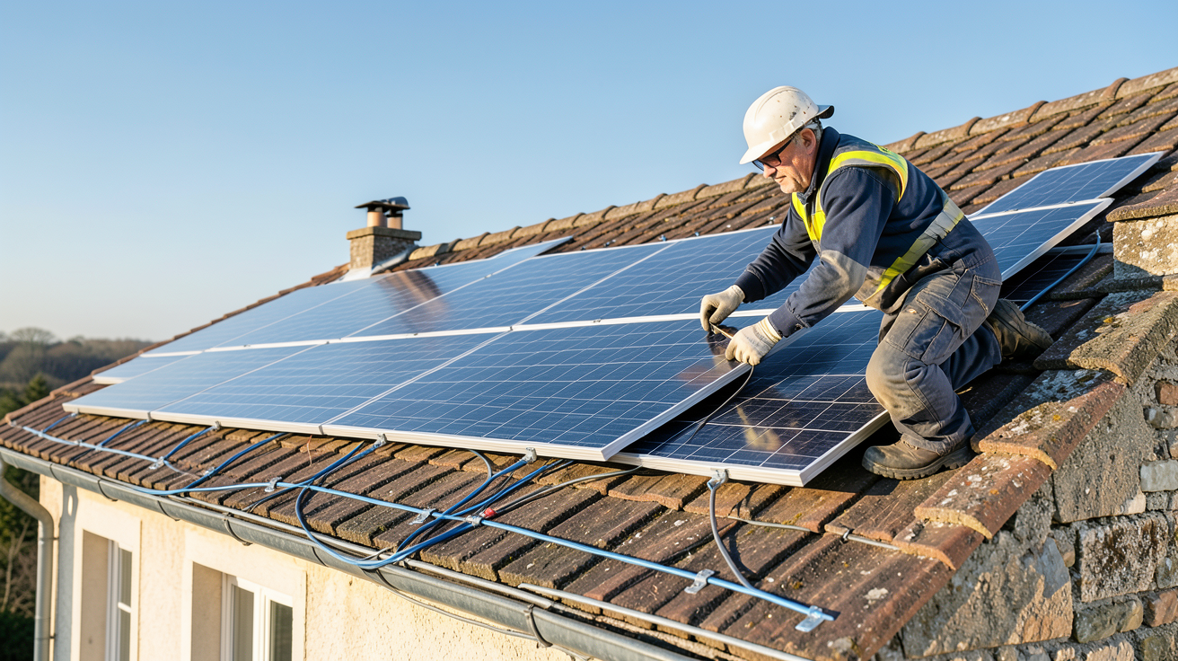 installateur panneau solaire Gironde en train d'installer des panneaux photovoltaïques sur le toit d'une maison