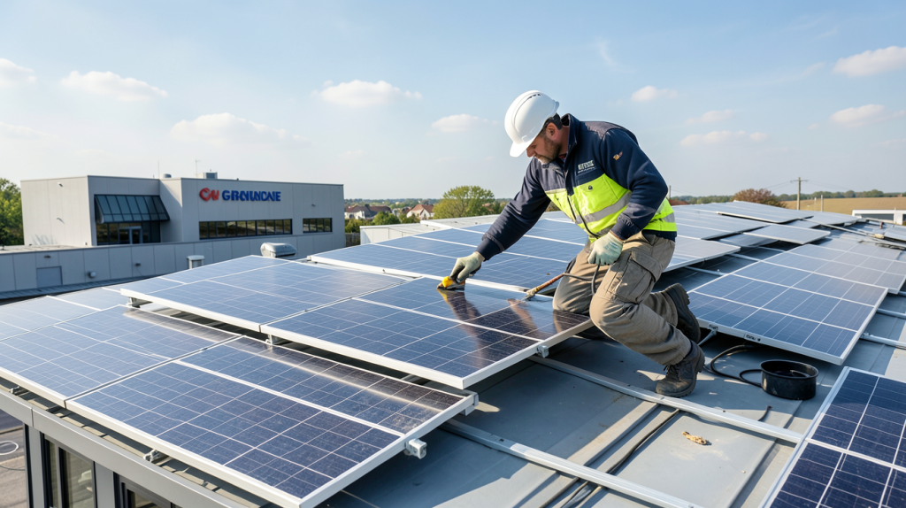 installateur panneau solaire gironde sur le toit d'un bâtiment commercial, capturé en pleine lumière naturelle, image réaliste haute résolution.