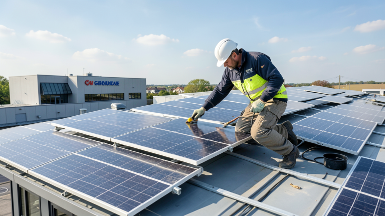 installateur panneau solaire gironde sur le toit d'un bâtiment commercial, capturé en pleine lumière naturelle, image réaliste haute résolution.