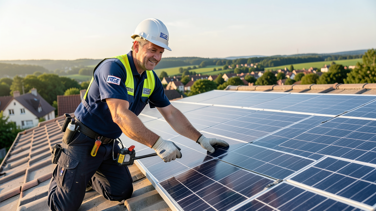 installateur panneau solaire gironde certifié RGE posant sur un toit avec des panneaux photovoltaïques