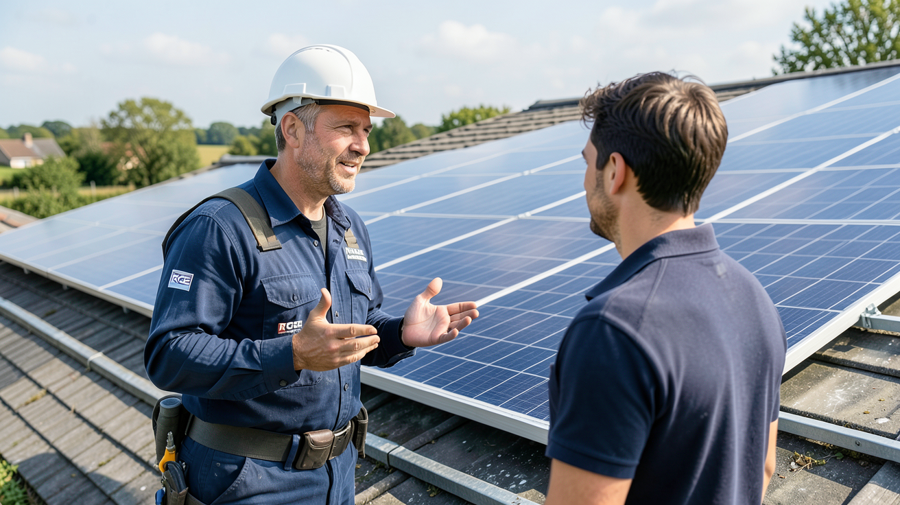 installateur panneau solaire loire atlantique en train d'expliquer les critères RGE à un particulier devant des panneaux solaires sur un toit
