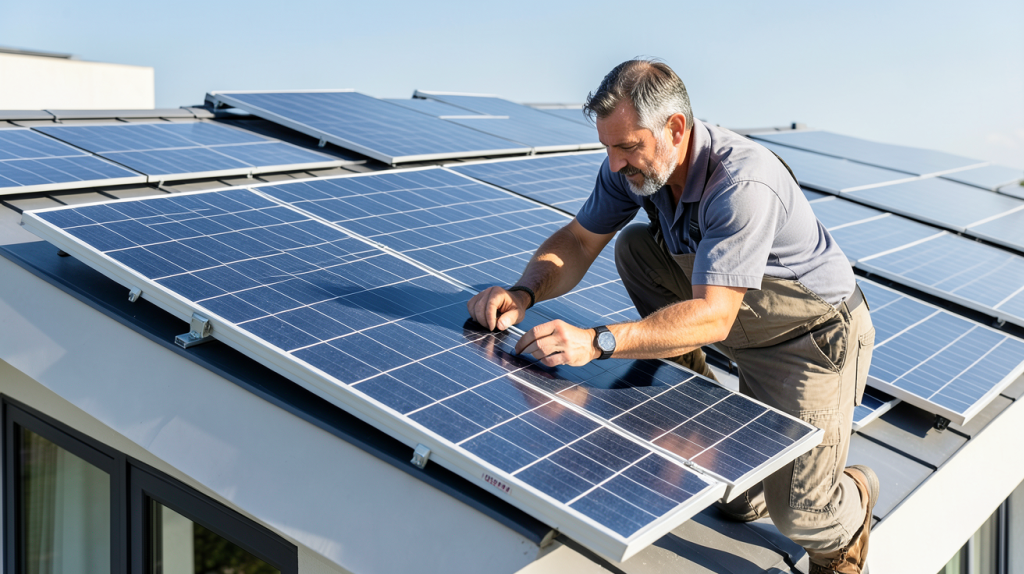installateur panneau solaire loire atlantique travaillant sur l'installation de panneaux photovoltaïques sur un toit