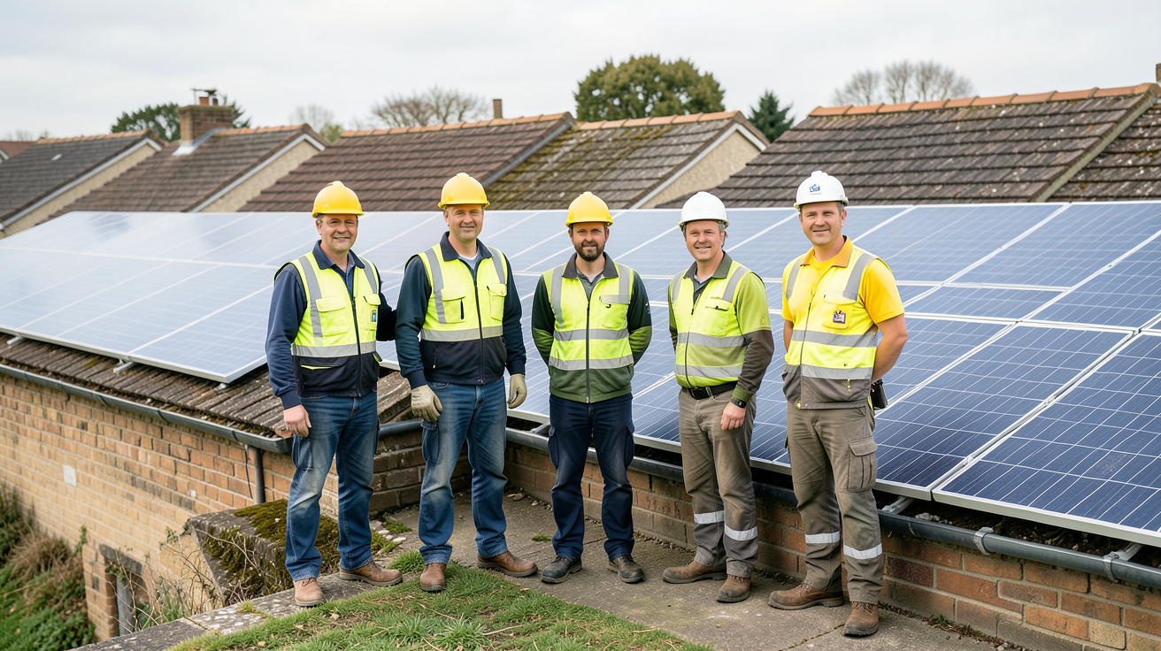 installateur panneau solaire loire atlantique montrant les cinq meilleurs installateurs de panneaux solaires en Loire-Atlantique, avec des équipes professionnelles devant des toits équipés
