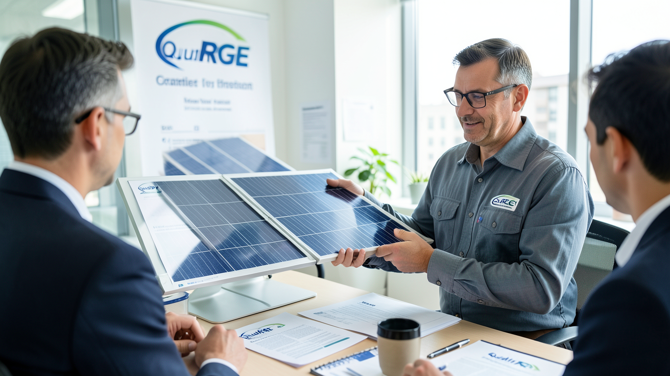 installateur de panneaux solaires photovoltaïques présentant ses certifications QualiPV et RGE à un client dans un bureau lumineux