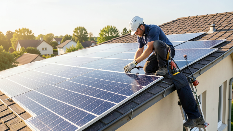 installateur de panneaux solaires photovoltaïques en train de travailler sur le toit d'une maison