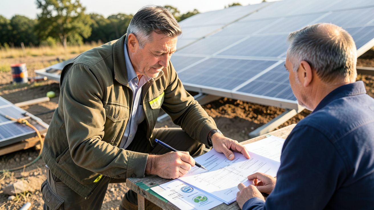installateur de panneaux solaires photovoltaïques vérifiant les documents administratifs d'un client sur un chantier