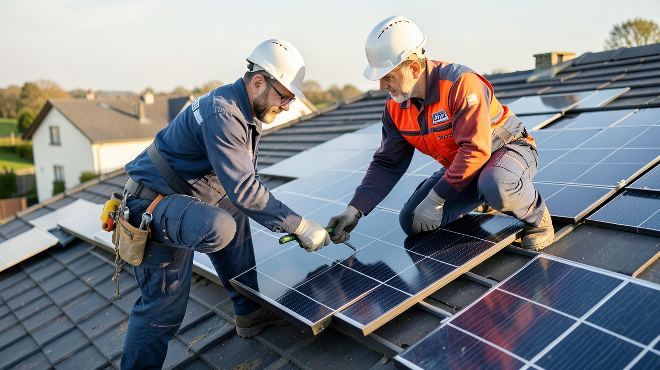 installateur photovoltaïque agréé EDF vérifiant l'installation d'un panneau solaire sur un toit résidentiel