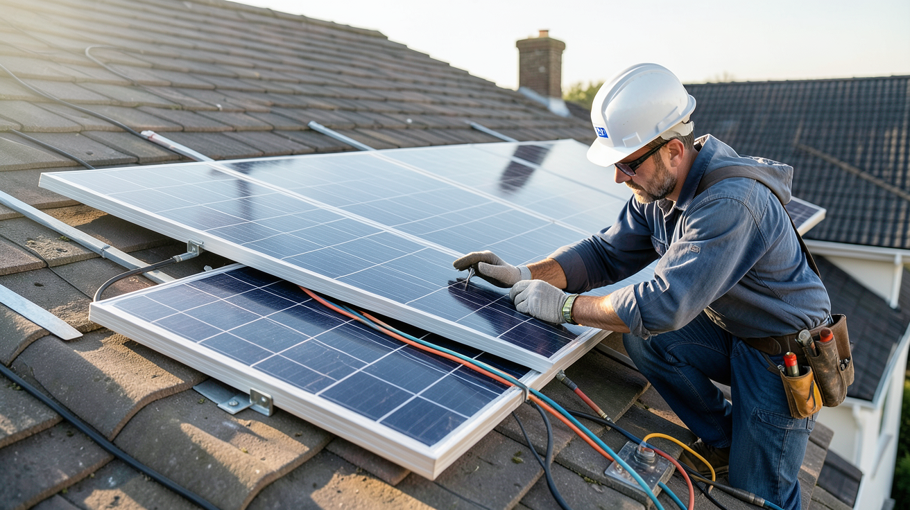 installateur photovoltaïque agréé EDF vérifiant les panneaux solaires sur le toit d'une maison