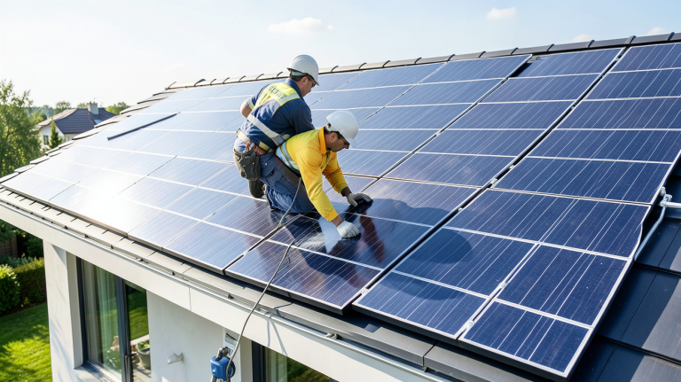 installateur photovoltaïque agréé edf en train d'installer des panneaux solaires sur un toit résidentiel, sous une lumière naturelle, image premium haute résolution