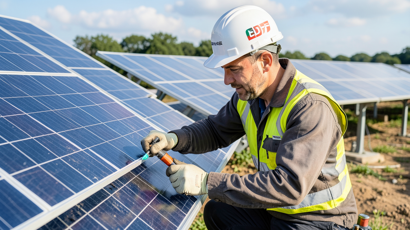 installateur photovoltaïque agréé EDF vérifiant la certification QualiPV-RGE sur un chantier solaire
