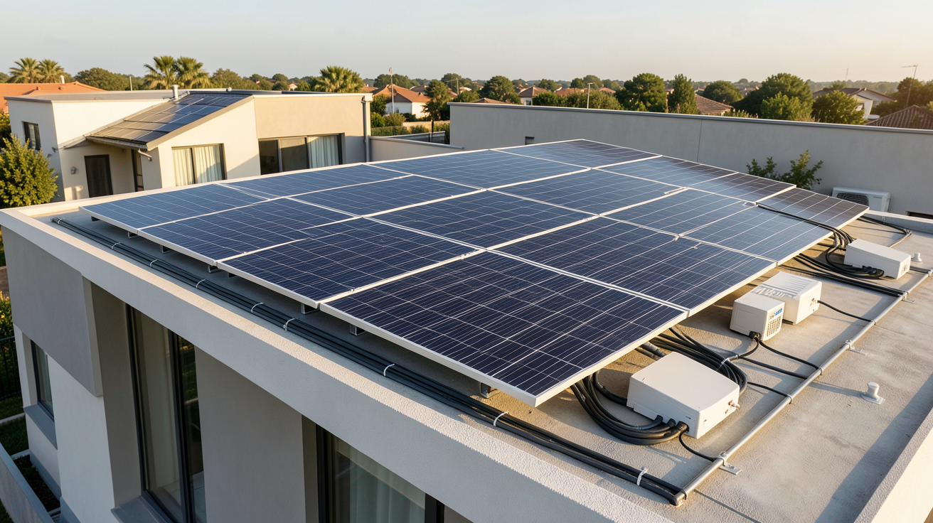 installation autonome photovoltaïque complète sur le toit d'une maison moderne avec panneaux solaires et système de batterie intégré