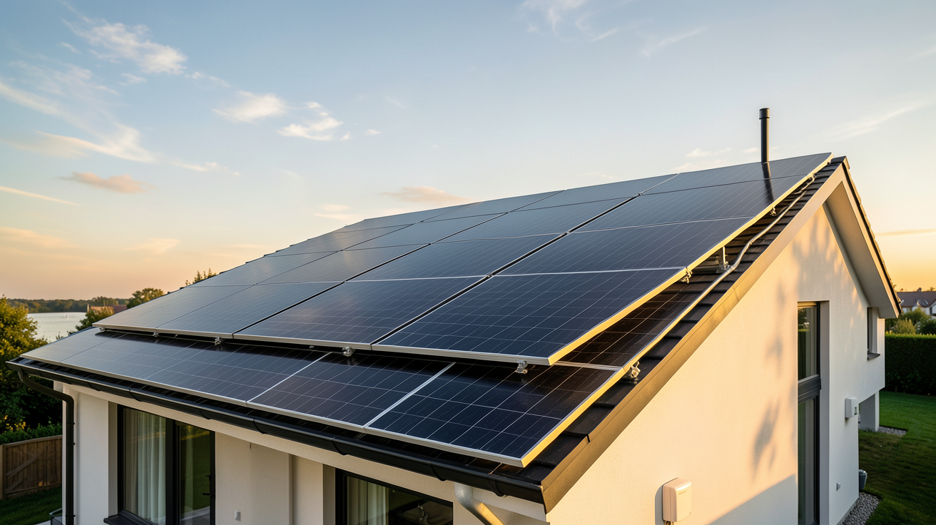 installation autonome photovoltaique composée de panneaux solaires noirs sur le toit d'une maison moderne