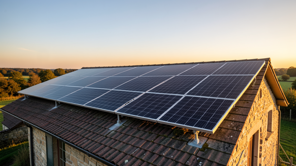 installation autonome photovoltaïque installée sur le toit d'une maison rurale