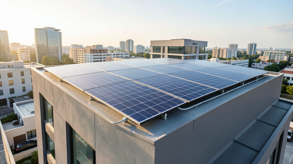 installation batterie panneau solaire connectée à des panneaux photovoltaïques sur le toit d'une maison urbaine