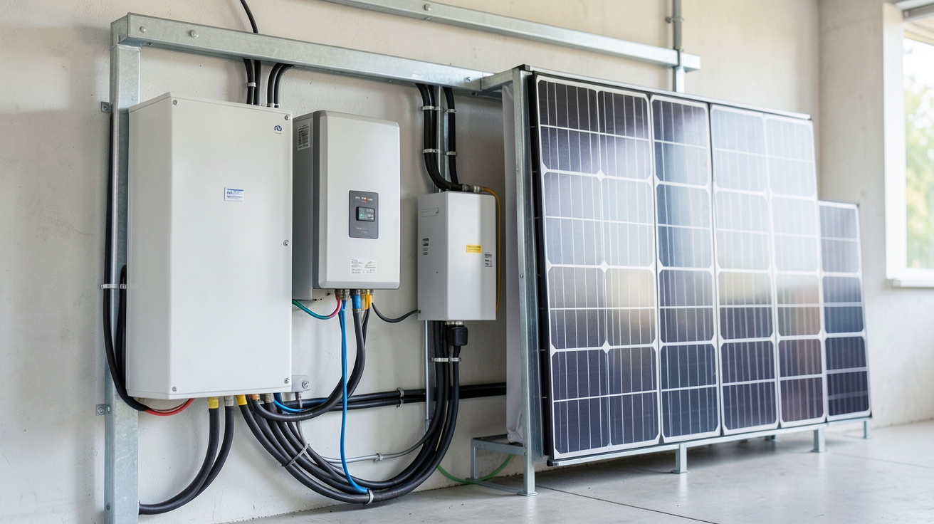 installation batterie solaire avec onduleur et unités de stockage d'énergie domestique