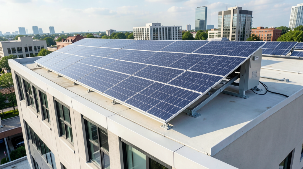 installation batterie solaire sur le toit d'un bâtiment commercial moderne