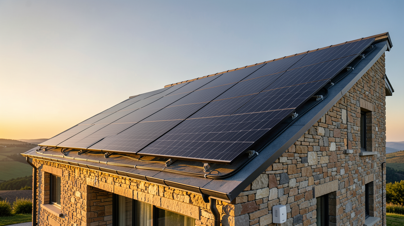 installation centrale photovoltaïque de type résidentiel sur toiture de maison moderne avec panneaux solaires noirs